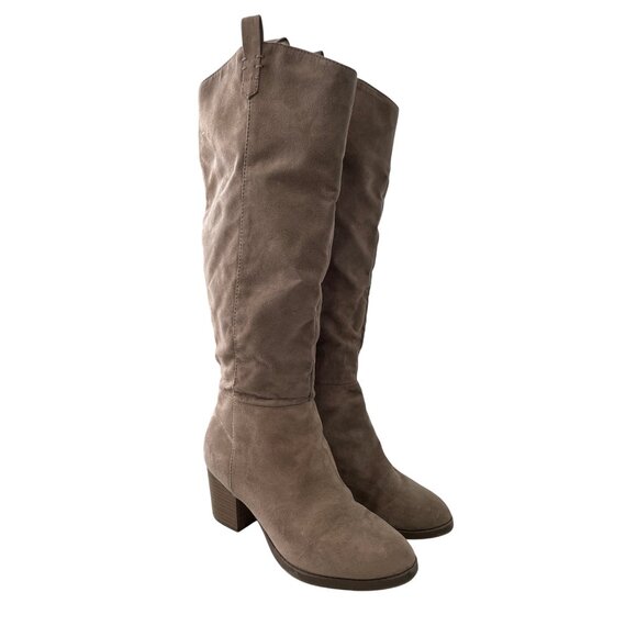 Faux Suede Tall Heeled Boots Size 8 Taupe Pull On Round Toe Stacked Heel Neutral - Picture 1 of 9